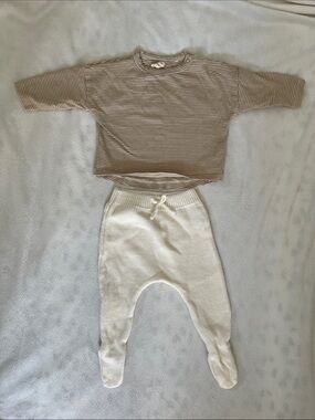 Zara knit cream pants and Quincy Mae stripped top